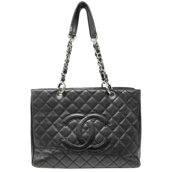 CHANEL Handbags - Chanel GST Grand Shopping Tote Caviar Leather Black Silver Chain Shoulder Bag